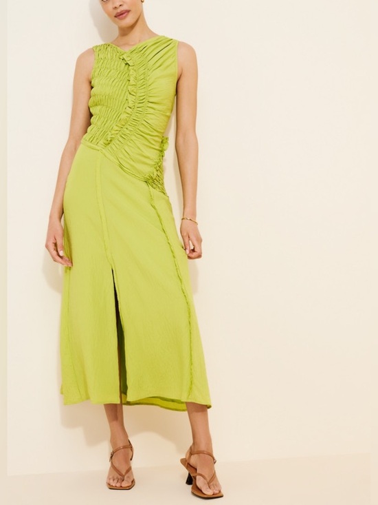 Anthropologie Dresses & Skirts - Anthropologie Lime Green Asymmetrical Smocked Bodice Midi Dress 38544